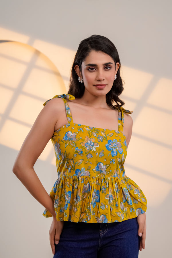 Mustard Floral Tie-Up Peplum Top