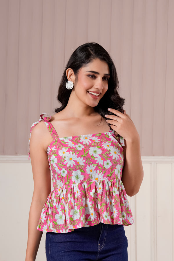 Pink Daisy Tie-Up Peplum Top
