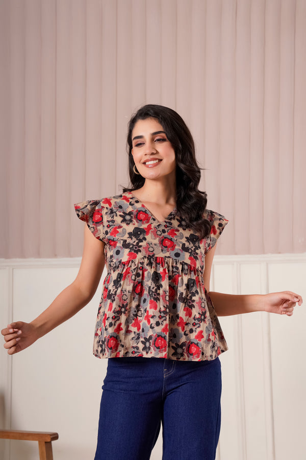 Beige Floral Flutter Sleeve Top