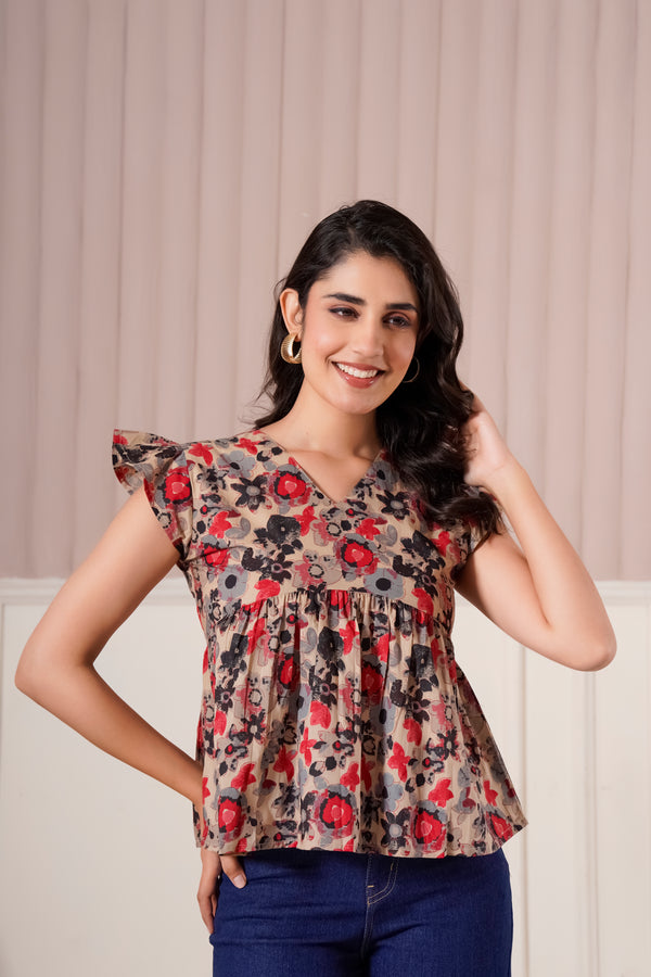 Beige Floral Flutter Sleeve Top