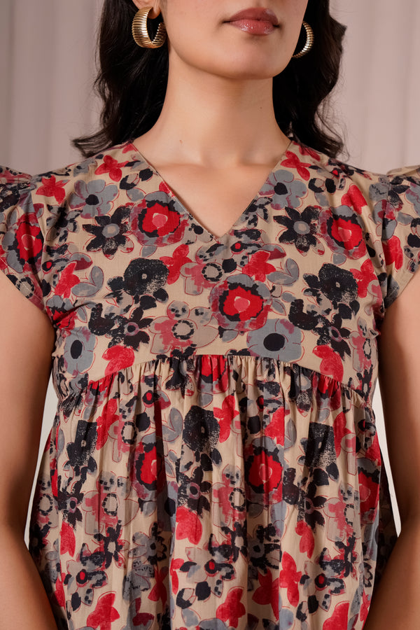 Beige Floral Flutter Sleeve Top