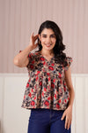 Beige Floral Flutter Sleeve Top