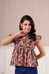 Beige Floral Flutter Sleeve Top