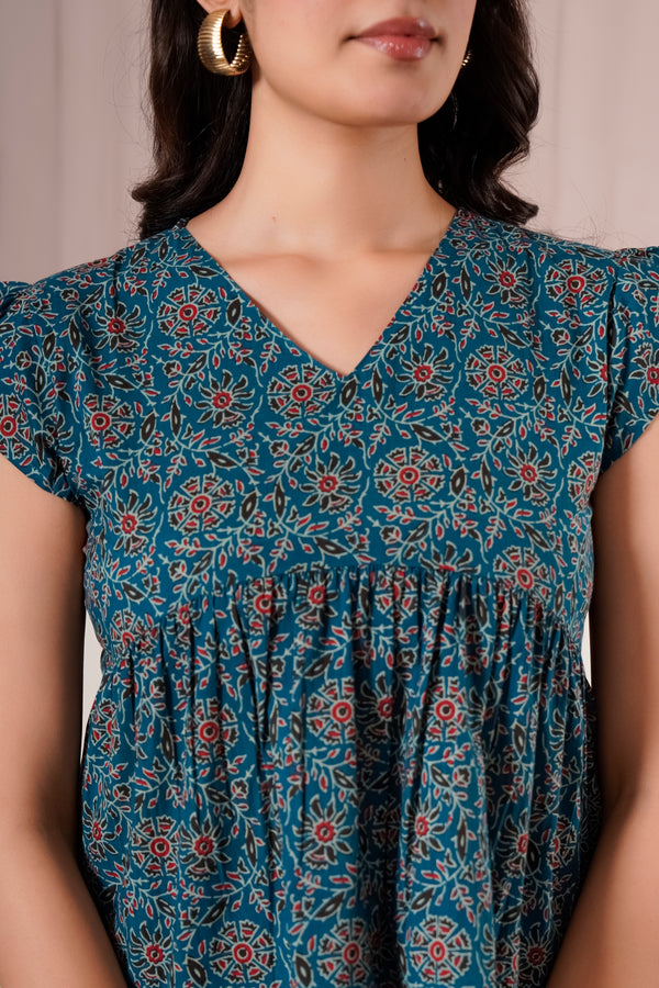 Teal Printed Flutter Sleeve Top