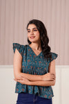 Teal Printed Flutter Sleeve Top