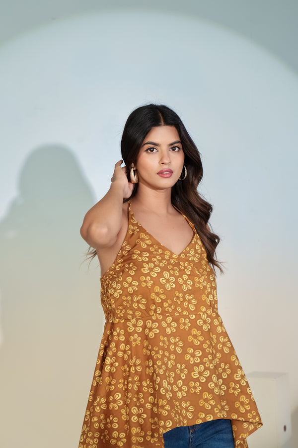 Mustard Floral Halter Neck Top