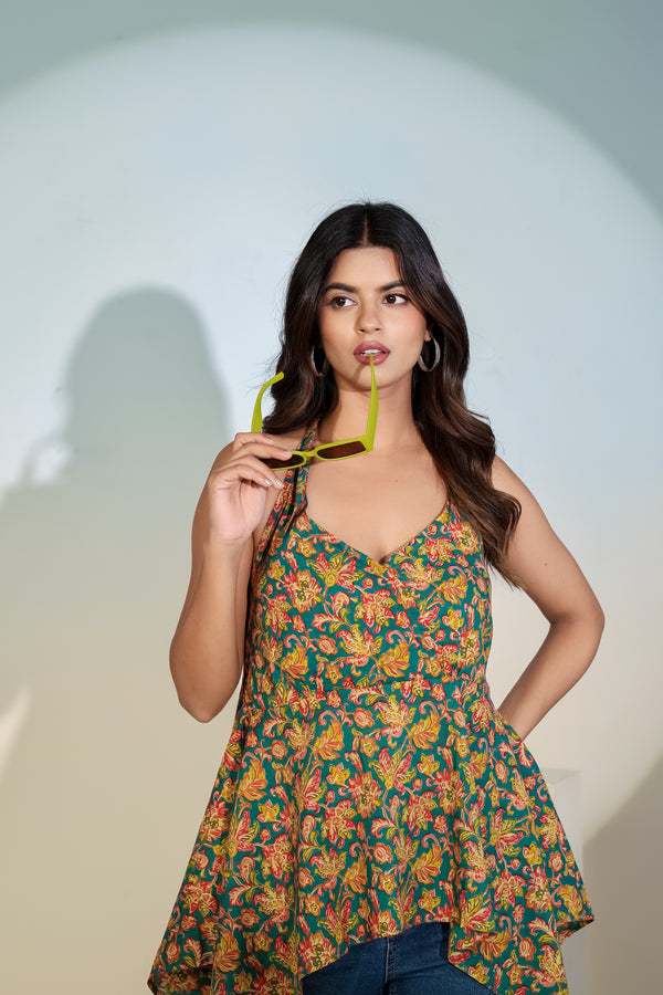 Teal Floral Halter Neck Top