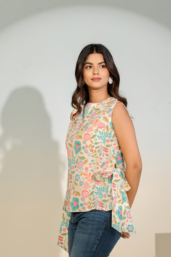 Beige Floral Sleeveless Tie-Up Top