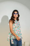 Aqua Floral Sleeveless Tie-Up Top