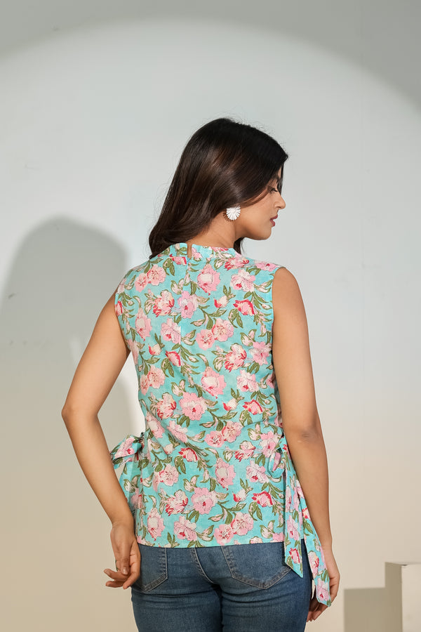 Aqua Floral Sleeveless Tie-Up Top