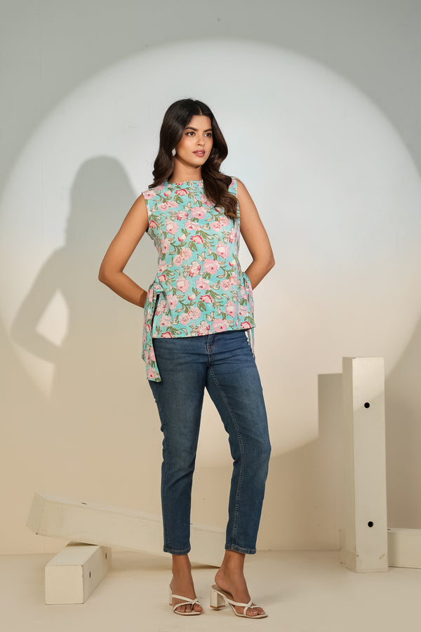 Aqua Floral Sleeveless Tie-Up Top