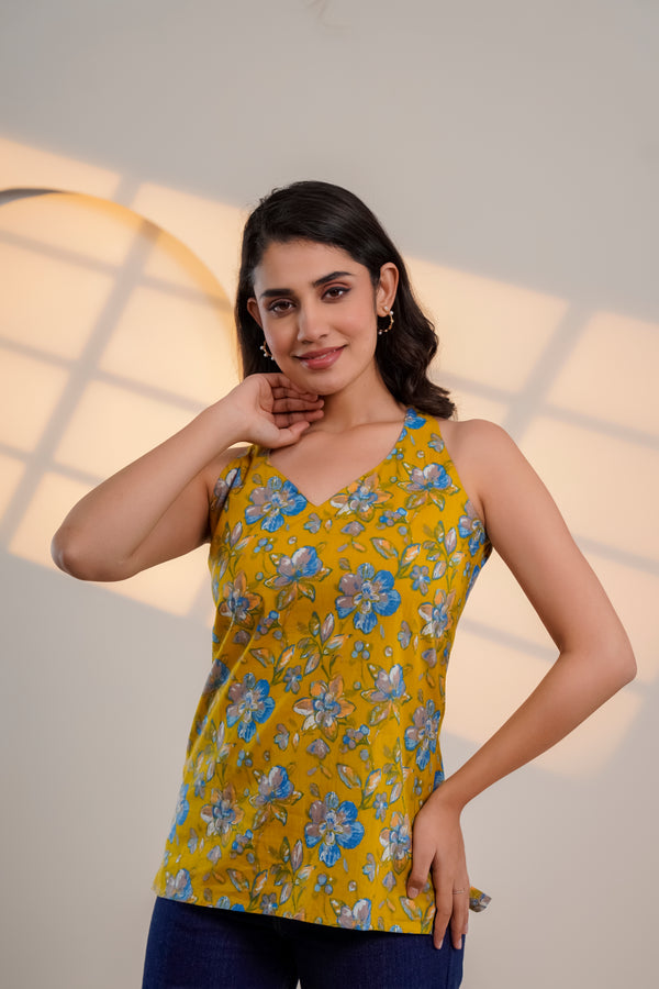 Mustard Yellow Floral Printed Sleeveless Top