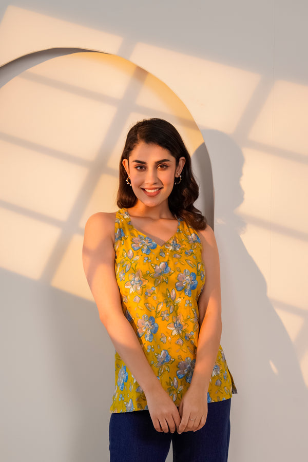 Mustard Yellow Floral Printed Sleeveless Top