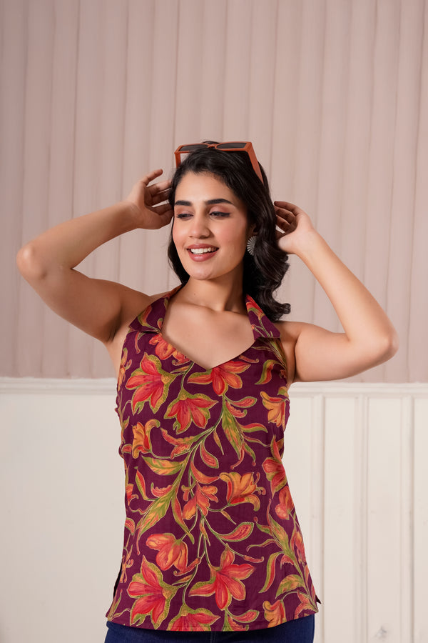 Maroon Floral Halter Neck Top