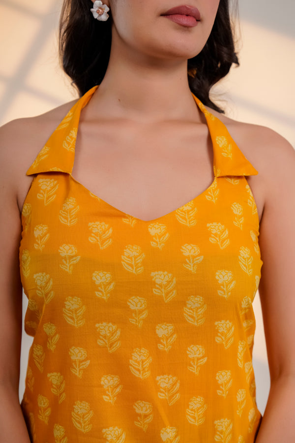 Mustard Printed Halter Neck Top