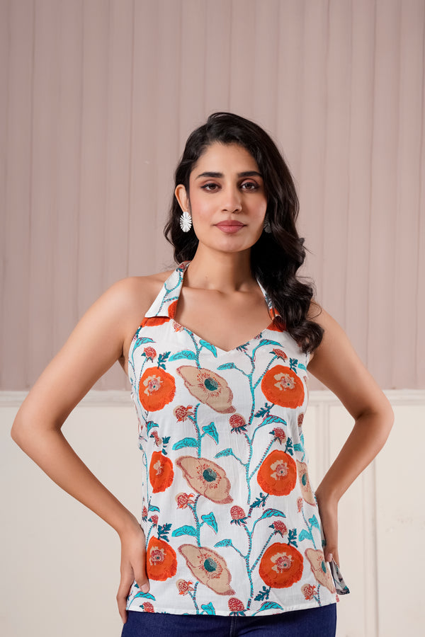 White Floral Halter Neck Top