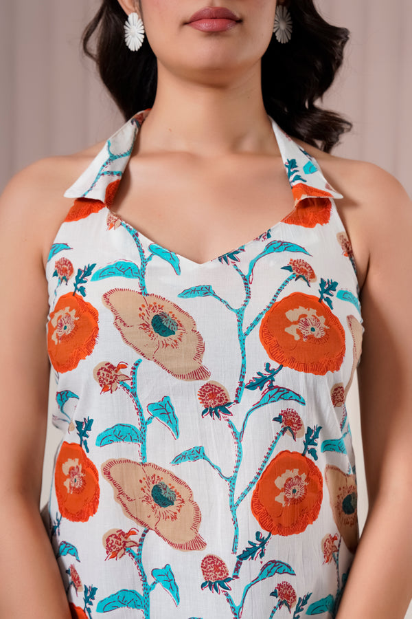 White Floral Halter Neck Top