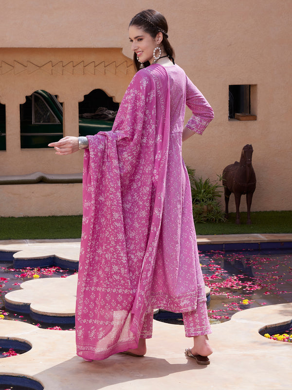 Purple Cotton Printed Anarkali Kurta Pant with Dupatta Set Ethnic Wear for Women