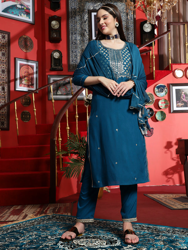 Azure Grace Blue Embroidered Rayon Kurta Pant with Dupatta SetEthnic Wear for Women