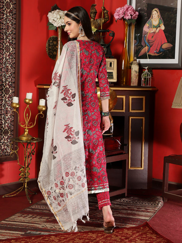 Maroon Cotton Printed Anarkali Kurta Pant with Dupatta Set Ethnic Wear for Women