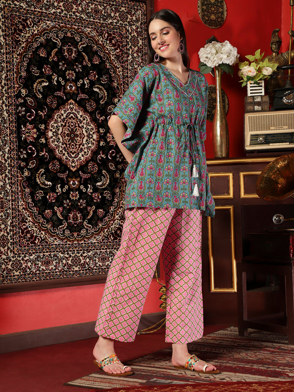 Pacific Petal Blue Floral Printed Cotton Co-ord Set for Women Breezy Everyday Elegance