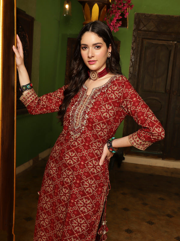 Crimson Canvas Abstract Printed Maroon Kurta Pant with Dupatta SetEthnic Wear for Women