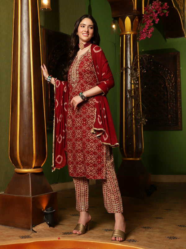 Crimson Canvas Abstract Printed Maroon Kurta Pant with Dupatta SetEthnic Wear for Women