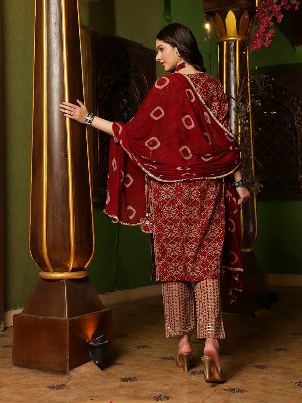 Crimson Canvas Abstract Printed Maroon Kurta Pant with Dupatta SetEthnic Wear for Women
