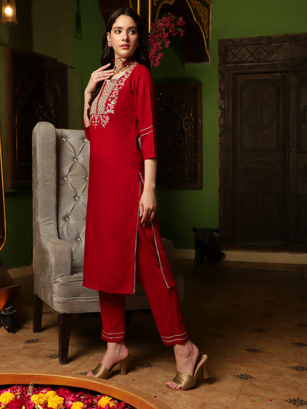 Crimson Aura Embroidered Kurta Pant with Dupatta Set Ethnic Wear for Women