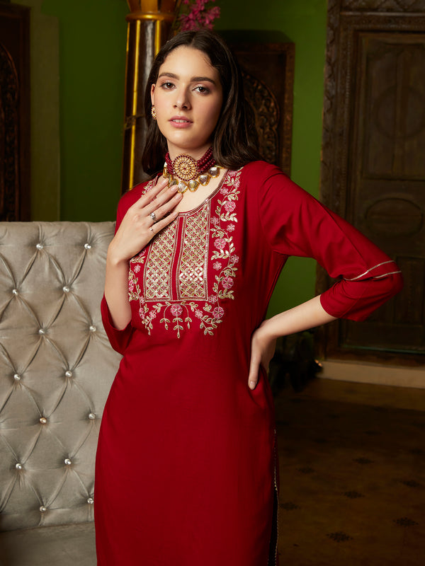 Crimson Aura Embroidered Kurta Pant with Dupatta Set Ethnic Wear for Women