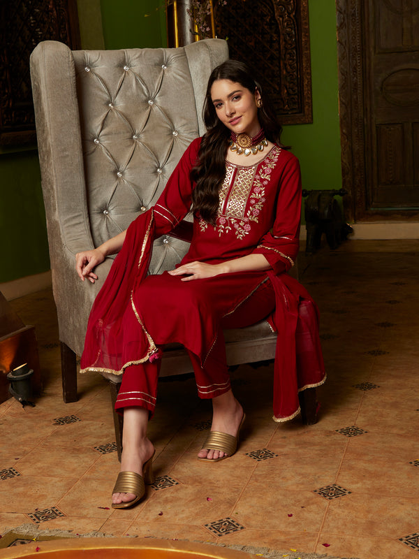 Crimson Aura Embroidered Kurta Pant with Dupatta Set Ethnic Wear for Women