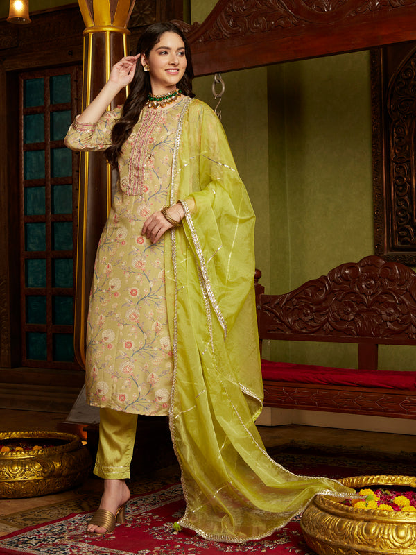 Mystic Yellow Floral Printed Kurta Pant with Dupatta Set Ethnic Wear for Women