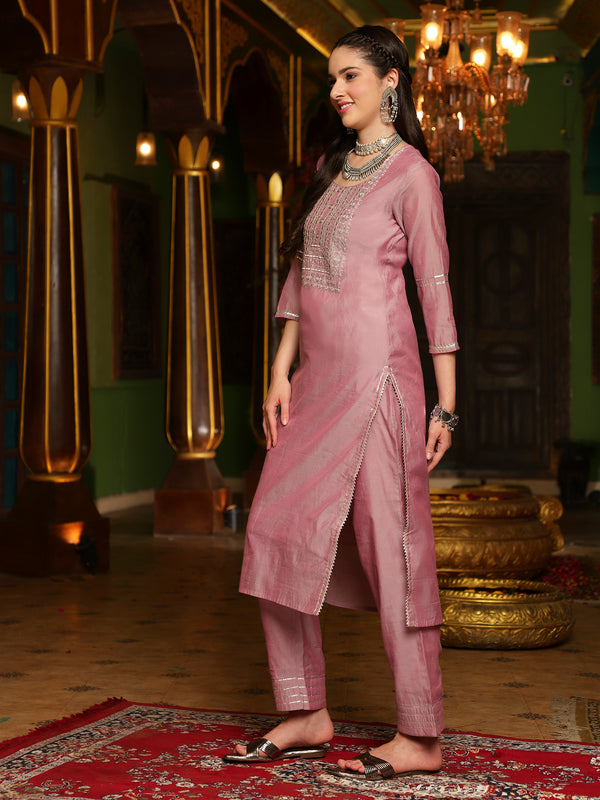 Purple Embroidered Straight Kurta With Trouser & Dupatta Set