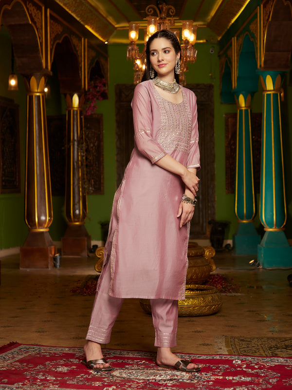 Purple Embroidered Straight Kurta With Trouser & Dupatta Set