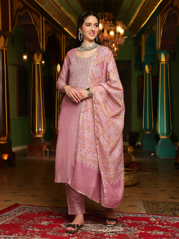 Purple Embroidered Straight Kurta With Trouser & Dupatta Set