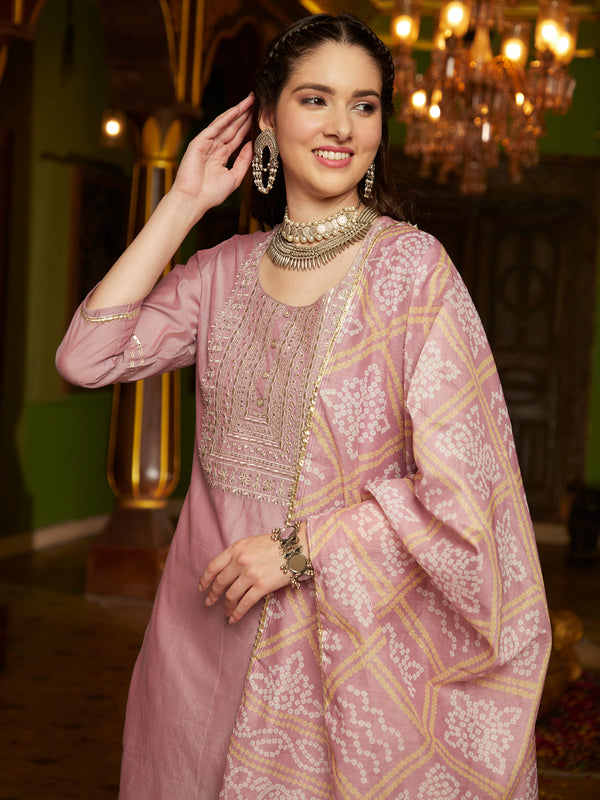 Purple Embroidered Straight Kurta With Trouser & Dupatta Set