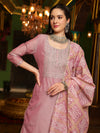 Purple Embroidered Straight Kurta With Trouser & Dupatta Set