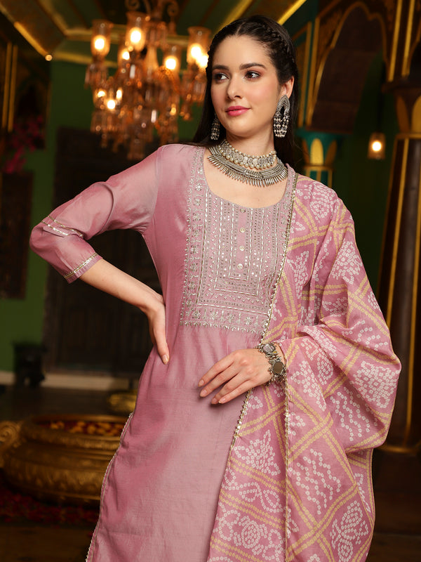 Purple Embroidered Straight Kurta With Trouser & Dupatta Set