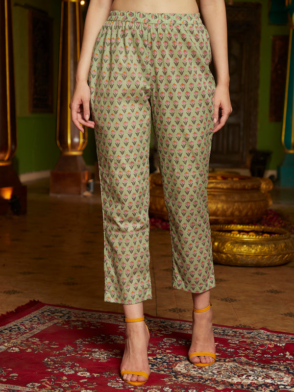 Sage SymphonyGreen Cotton Printed Kurta Pant Dupatta Set