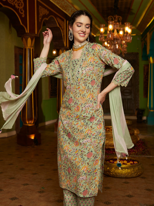 Sage SymphonyGreen Cotton Printed Kurta Pant Dupatta Set
