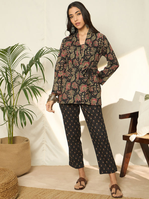 Gulzar Floral Printed Pure Cotton Top, Trousers & Shrug Co-Ord Set