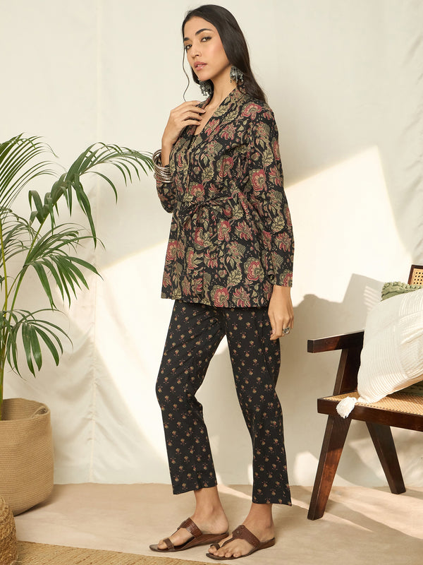 Gulzar Floral Printed Pure Cotton Top, Trousers & Shrug Co-Ord Set