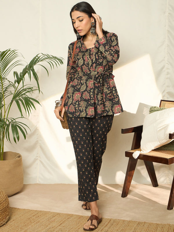 Gulzar Floral Printed Pure Cotton Top, Trousers & Shrug Co-Ord Set