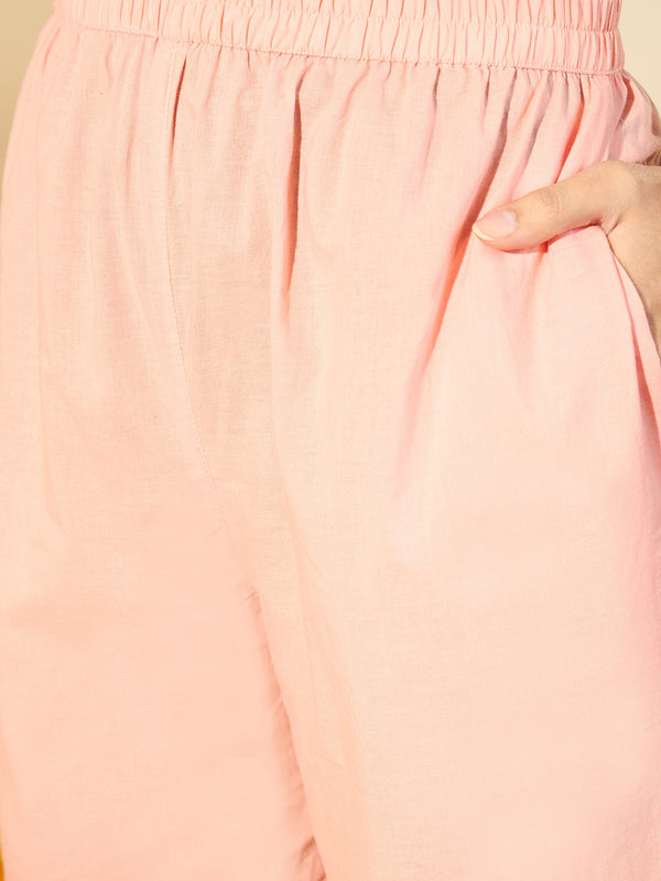 Peach Gleam Mirror Work Embroidered Cotton Kurta with Trousers & Dupatta