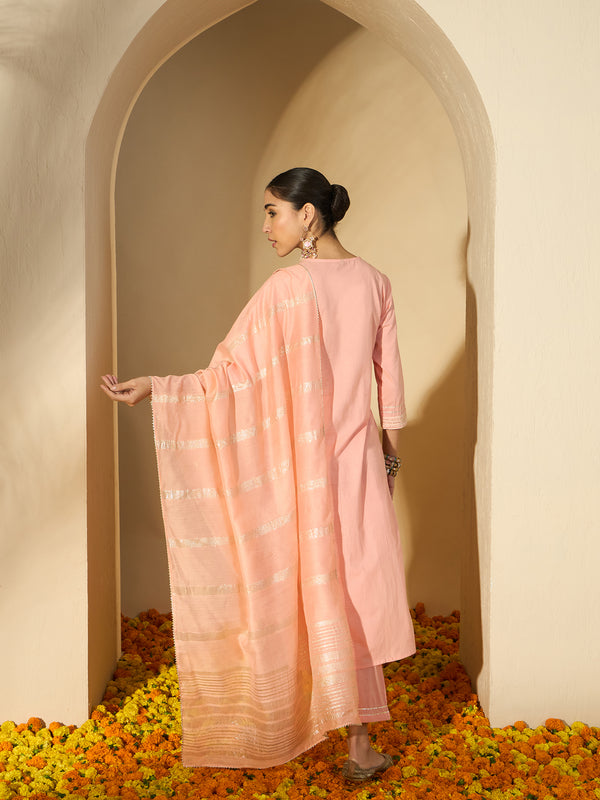 Peach Gleam Mirror Work Embroidered Cotton Kurta with Trousers & Dupatta