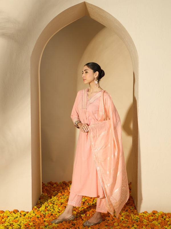 Peach Gleam Mirror Work Embroidered Cotton Kurta with Trousers & Dupatta