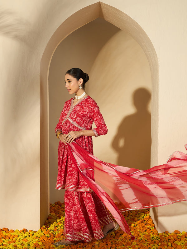 Carmine Red Floral Cotton Anarkali Kurta with Sharara & Dupatta