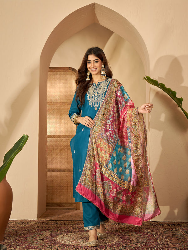 Teal Serenade Silk Blend Embroidered Kurta Set with Dupatta