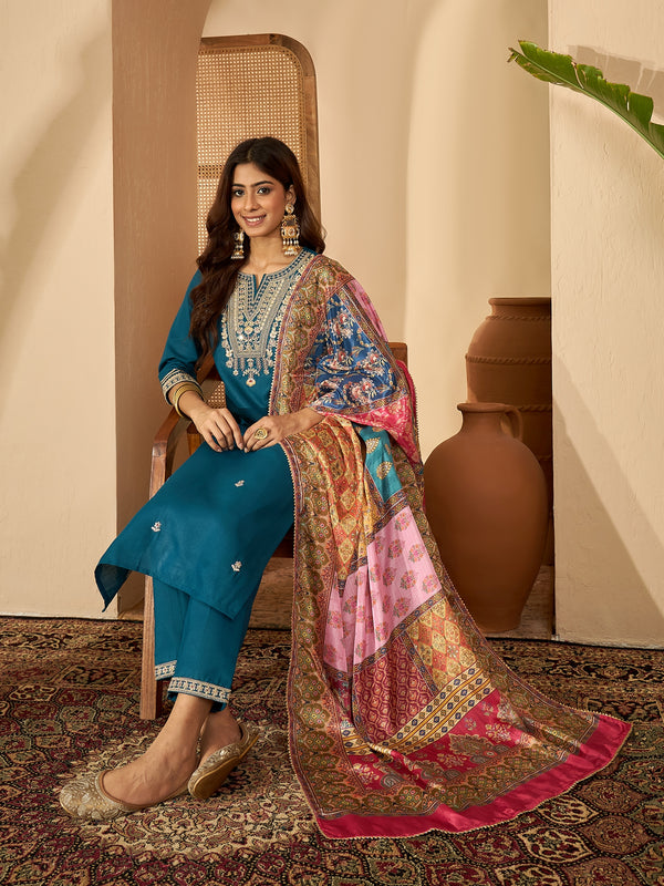 Teal Serenade Silk Blend Embroidered Kurta Set with Dupatta