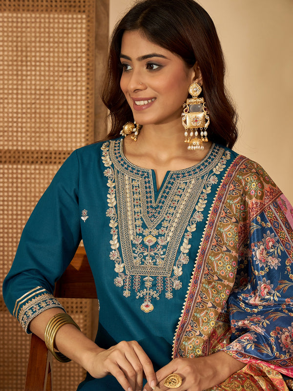 Teal Serenade Silk Blend Embroidered Kurta Set with Dupatta